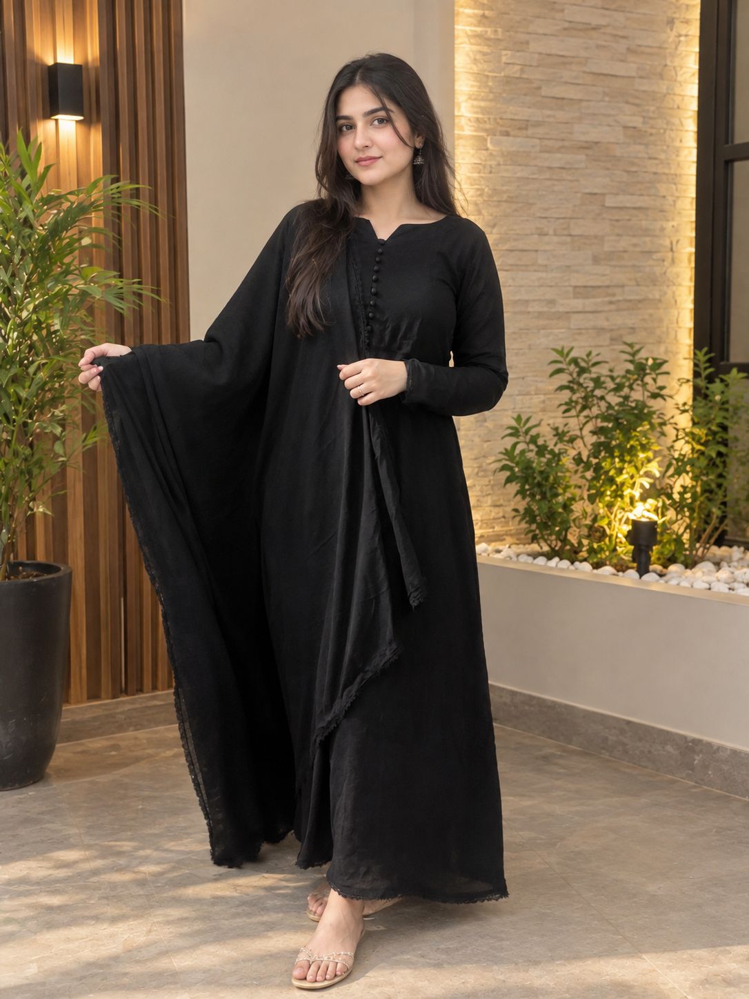 Libas Ethnic | Noir Grace Elegant Black Chiffon Maxi with Lace Detailed Dupatta