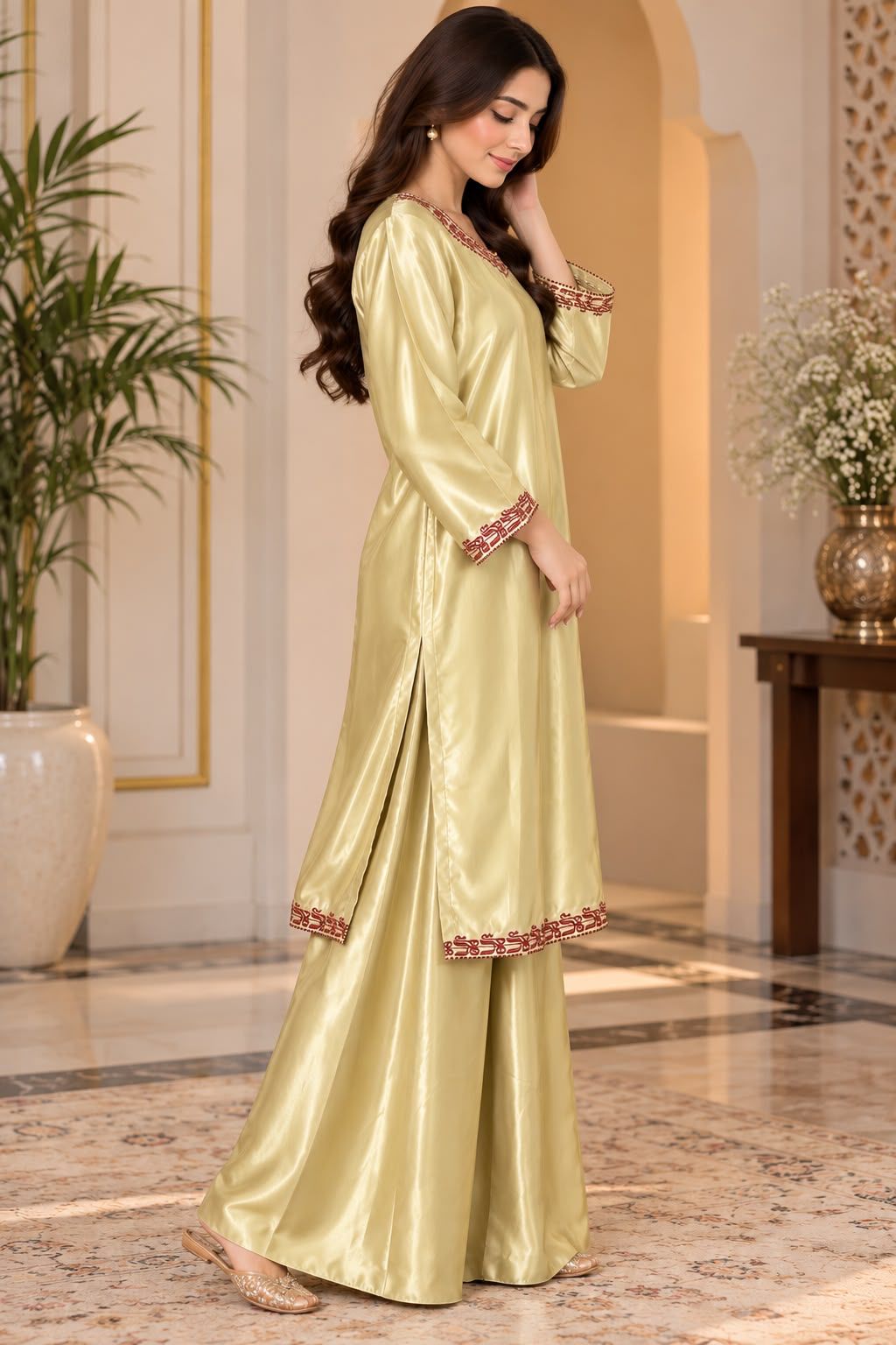 Libas Ethnic | Luxury Champagne Gold Silk Suit with Maroon Embroidery