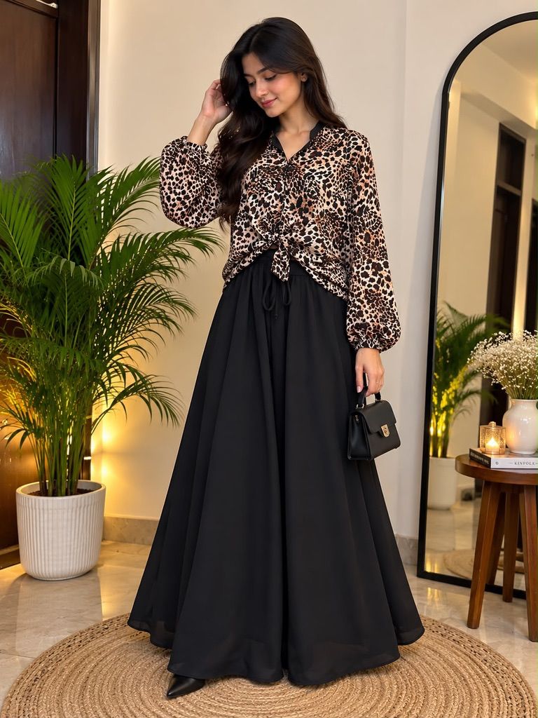 Libas Ethnic | Wild Noir – Leopard Chiffon Shirt & Black Georgette Maxi Skirt Set