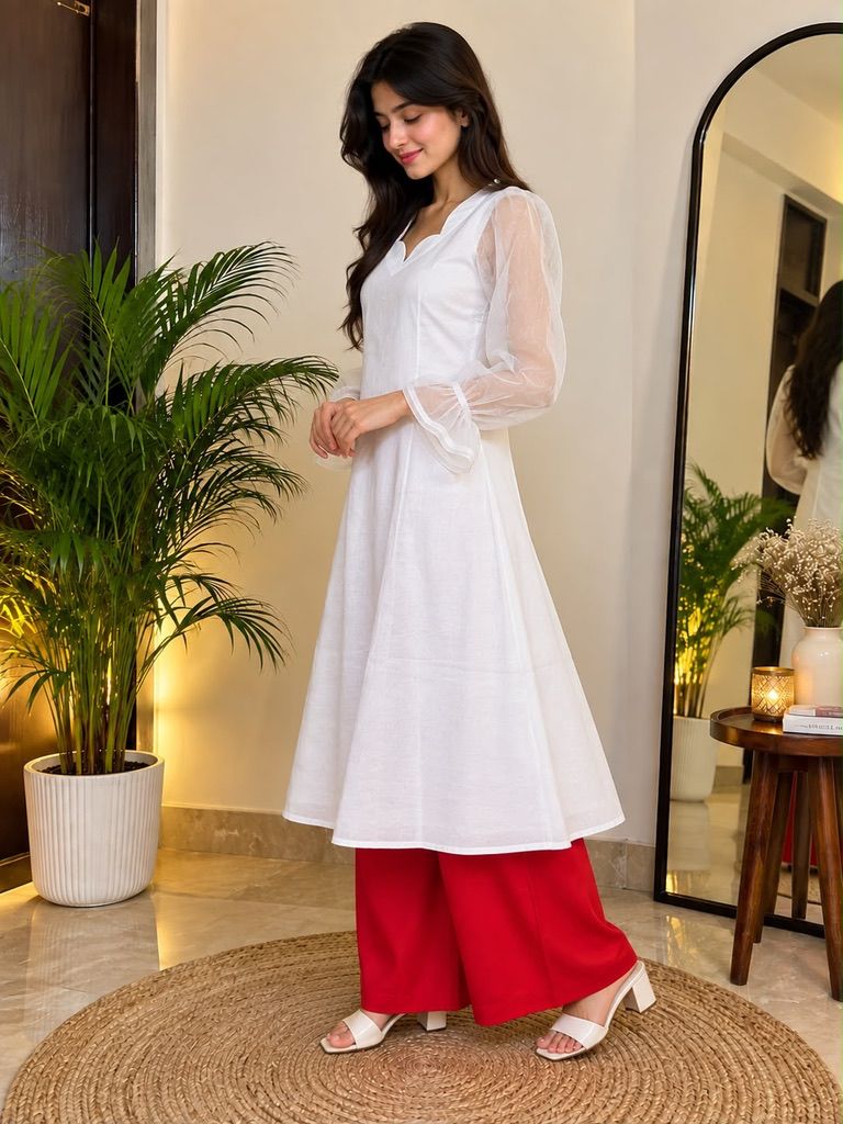 Libas Ethnic | Scarlet Bloom – Elegant Cotton Kurti with Net Sleeves & Red Wide-Leg Pants