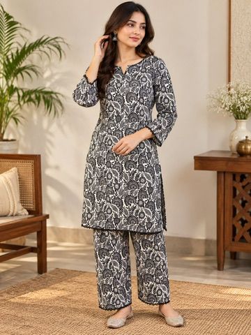 Libas Ethnic | Noir Lace – Elegant Black & White Cotton 2-Piece Suit with Palazzo Pants