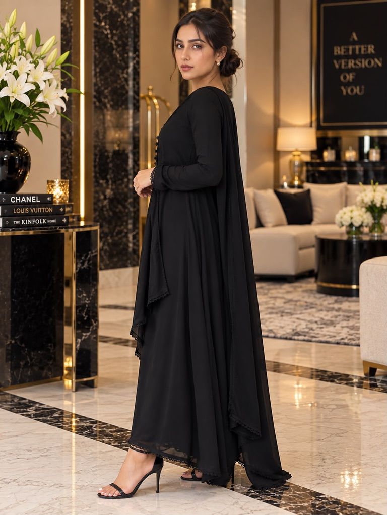 Libas Ethnic | Noir Grace Elegant Black Chiffon Maxi with Lace Detailed Dupatta