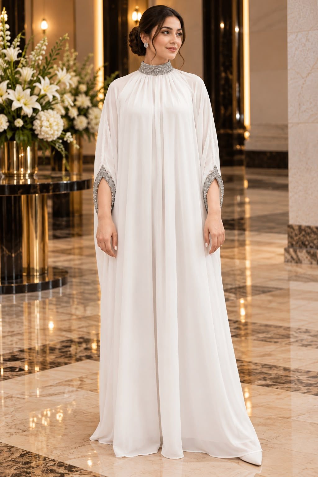 Libas   Ethnic | Elegant White Chiffon Kaftan with Silver Crystal Work