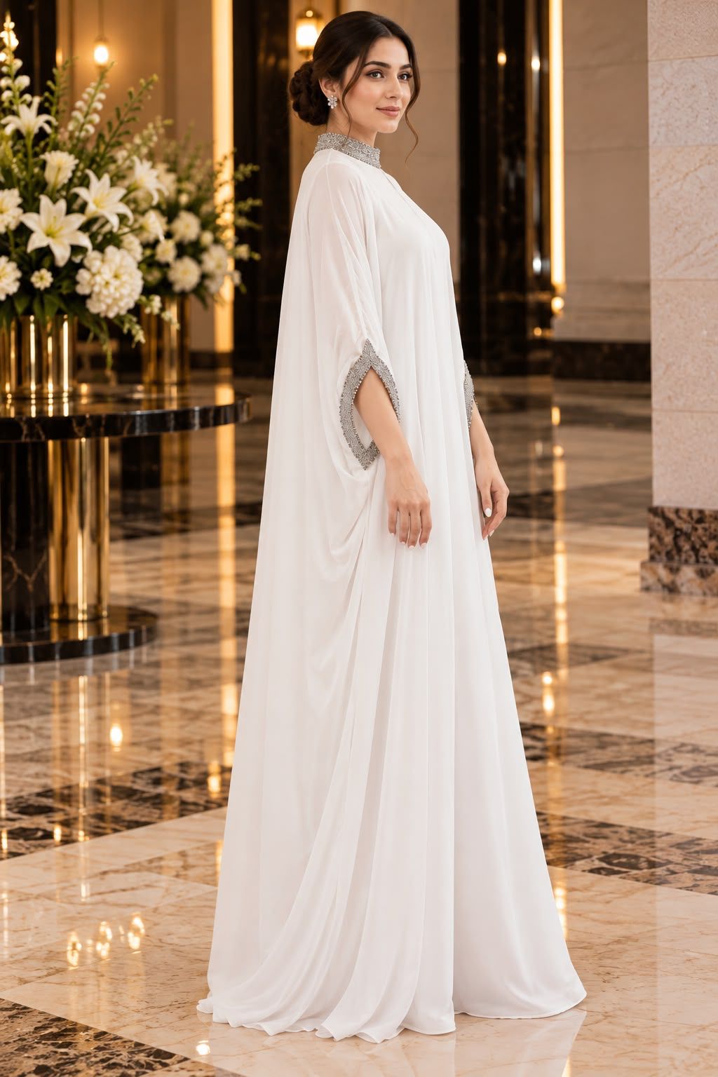 Libas   Ethnic | Elegant White Chiffon Kaftan with Silver Crystal Work