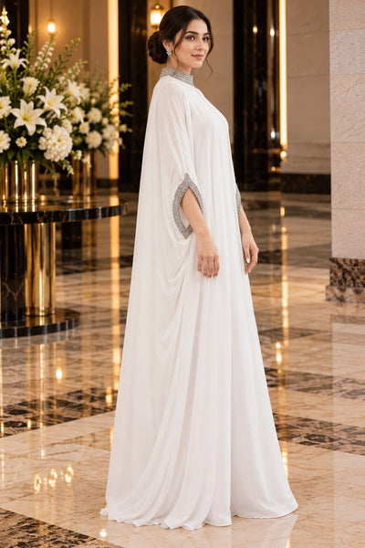 Libas   Ethnic | Elegant White Chiffon Kaftan with Silver Crystal Work