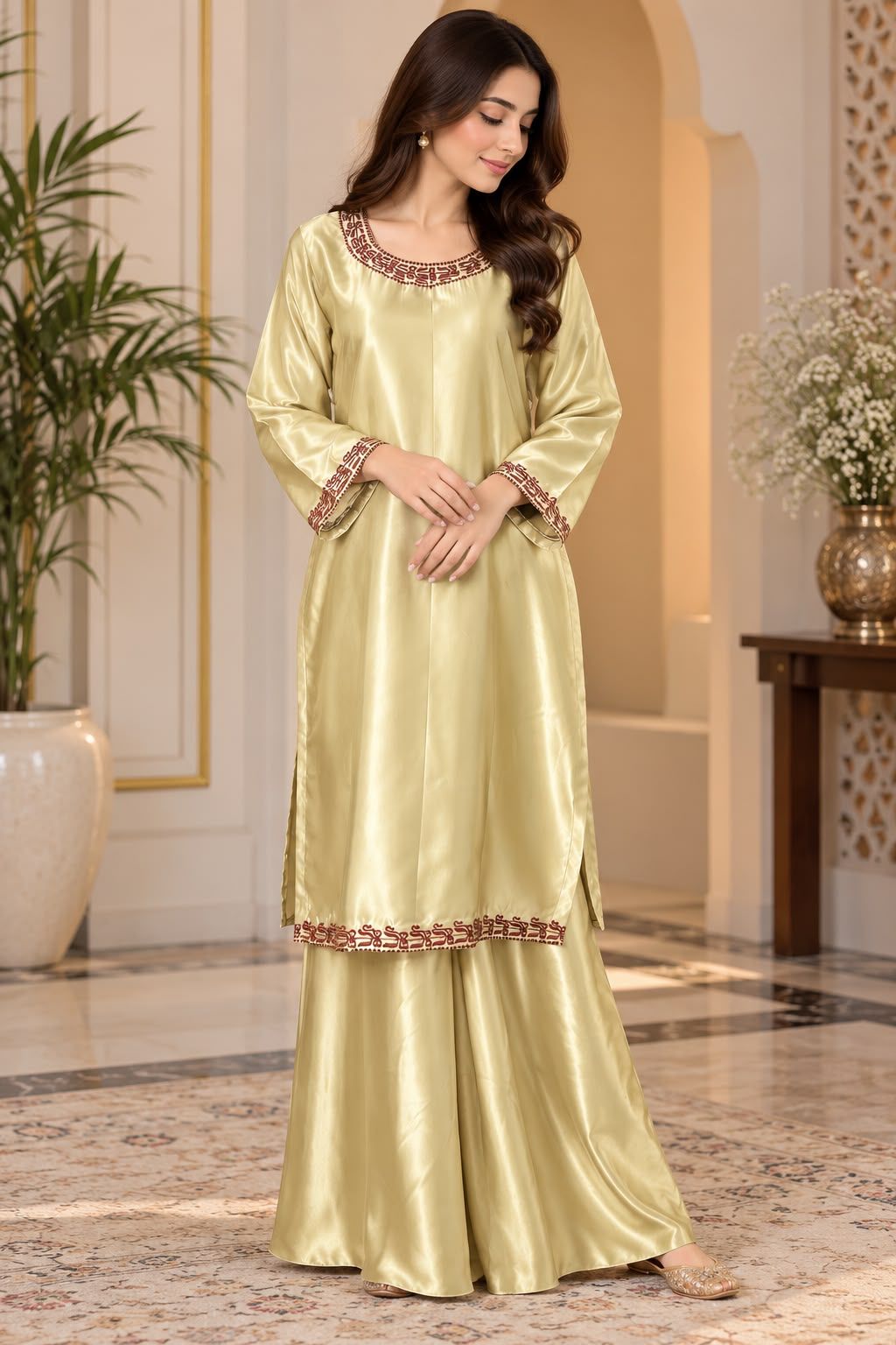 Libas   Ethnic | Luxury Champagne Gold Silk Suit with Maroon Embroidery