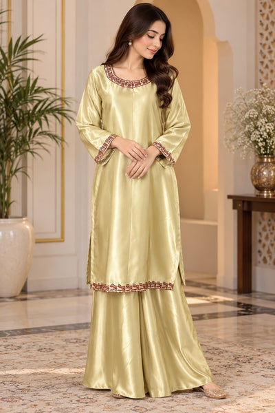 Libas   Ethnic | Luxury Champagne Gold Silk Suit with Maroon Embroidery