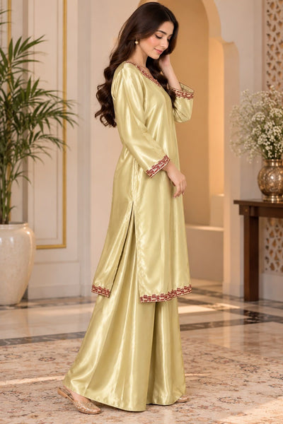 Libas   Ethnic | Luxury Champagne Gold Silk Suit with Maroon Embroidery
