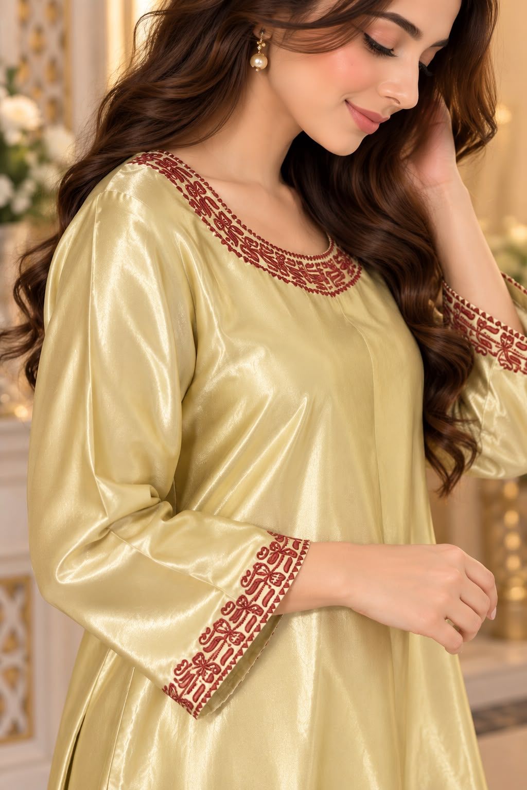 Libas   Ethnic | Luxury Champagne Gold Silk Suit with Maroon Embroidery