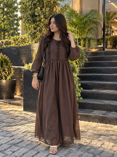 Libas Ethnic | Mocha Bloom – Elegant Chocolate Brown Chiffon Maxi Dress