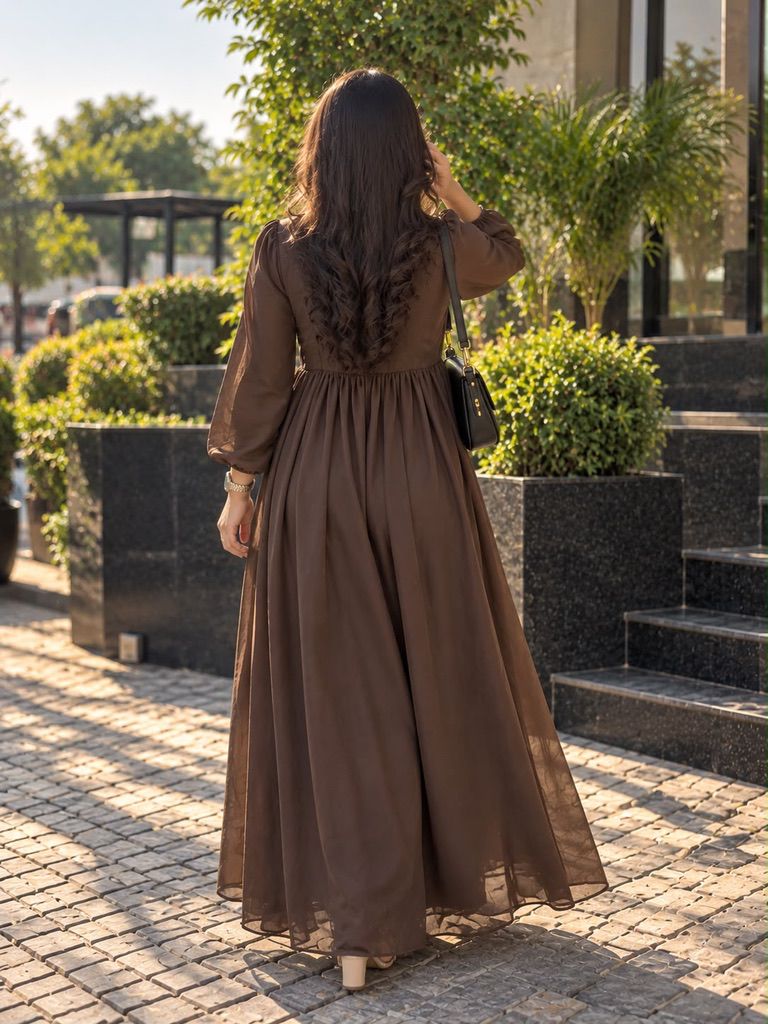 Libas Ethnic | Mocha Bloom – Elegant Chocolate Brown Chiffon Maxi Dress