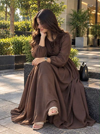 Libas Ethnic | Mocha Bloom – Elegant Chocolate Brown Chiffon Maxi Dress