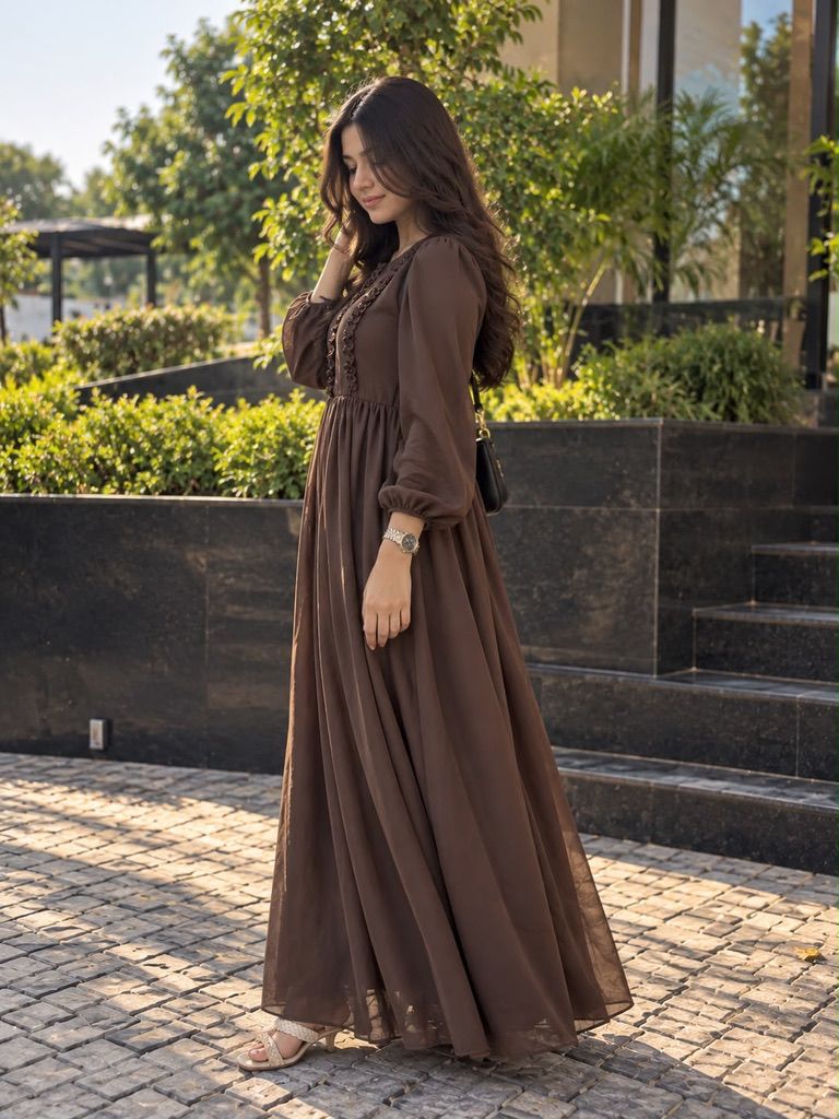 Libas Ethnic | Mocha Bloom – Elegant Chocolate Brown Chiffon Maxi Dress