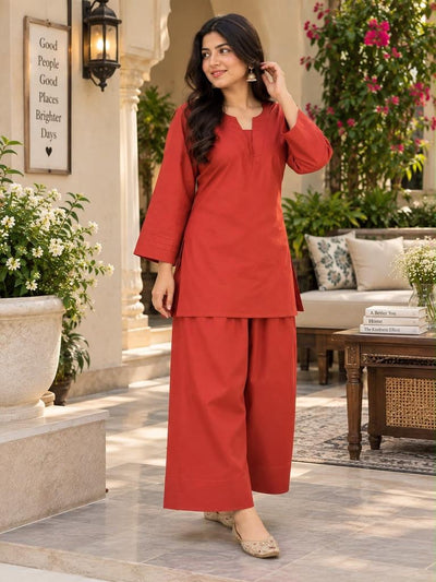 Libas Ethnic | Rust Elegance – Rust Red Cotton 2-Piece Farshi Salwar Set