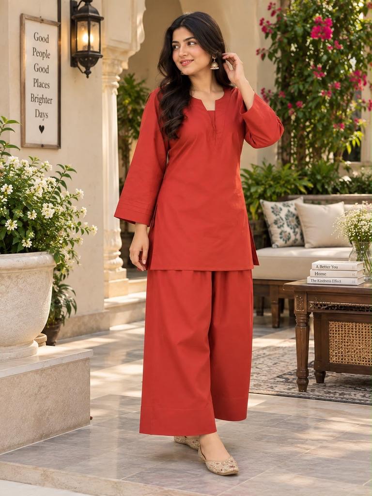 Libas Ethnic | Rust Elegance – Rust Red Cotton 2-Piece Farshi Salwar Set