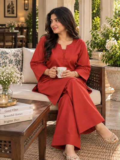 Libas Ethnic | Rust Elegance – Rust Red Cotton 2-Piece Farshi Salwar Set