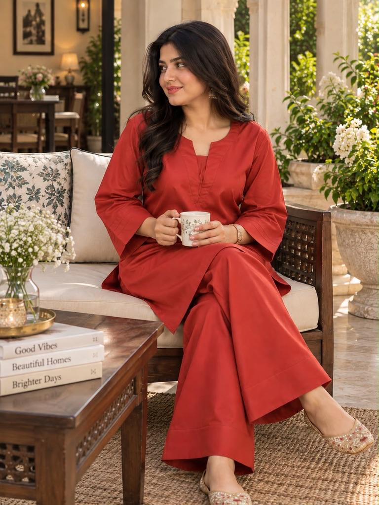 Libas Ethnic | Rust Elegance – Rust Red Cotton 2-Piece Farshi Salwar Set