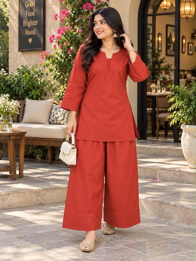 Libas Ethnic | Rust Elegance – Rust Red Cotton 2-Piece Farshi Salwar Set