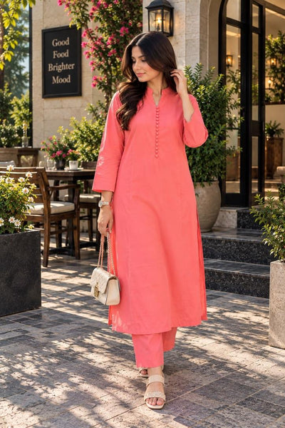 Libas Ethnic | Rosé Bloom – Elegant Coral Pink Cotton 2-Piece Suit
