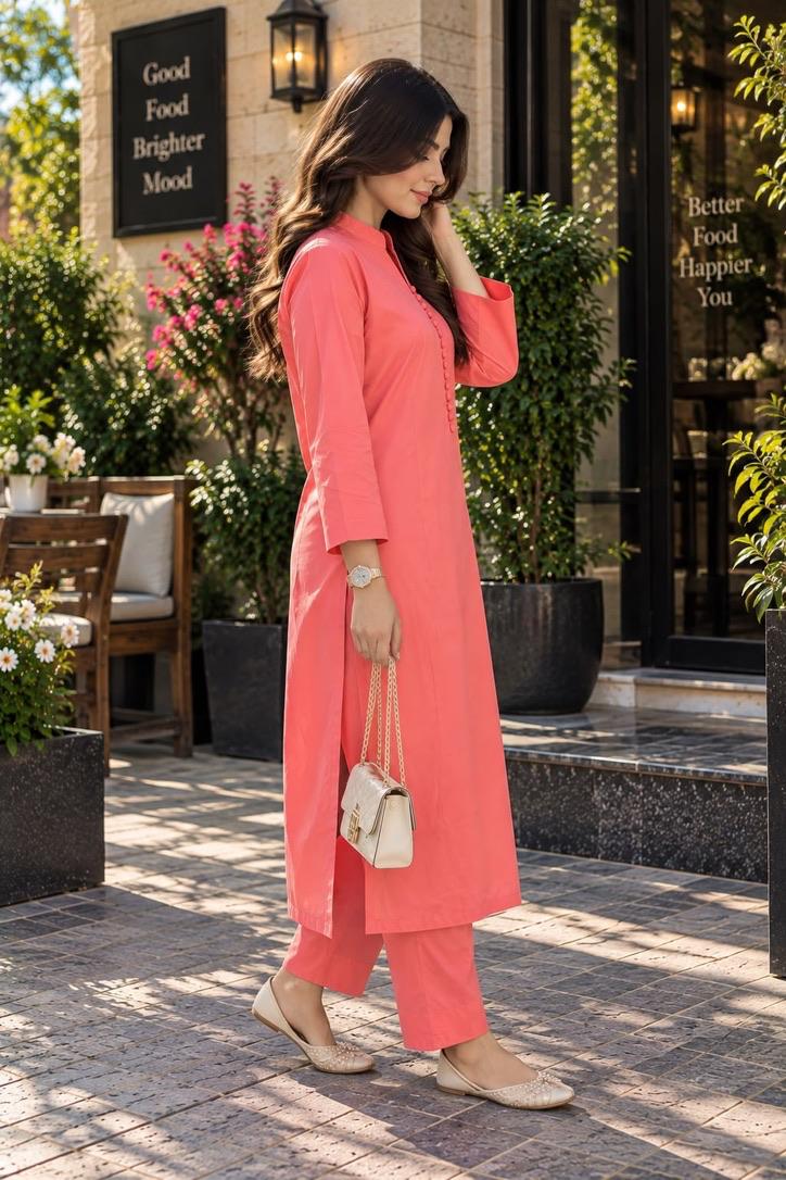 Libas Ethnic | Rosé Bloom – Elegant Coral Pink Cotton 2-Piece Suit