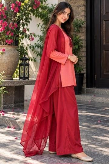 Libas Ethnic | Rose Royale – Coral Pink & Deep Red Cotton 3-Piece Farshi Suit