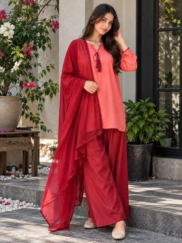 Libas Ethnic | Rose Royale – Coral Pink & Deep Red Cotton 3-Piece Farshi Suit