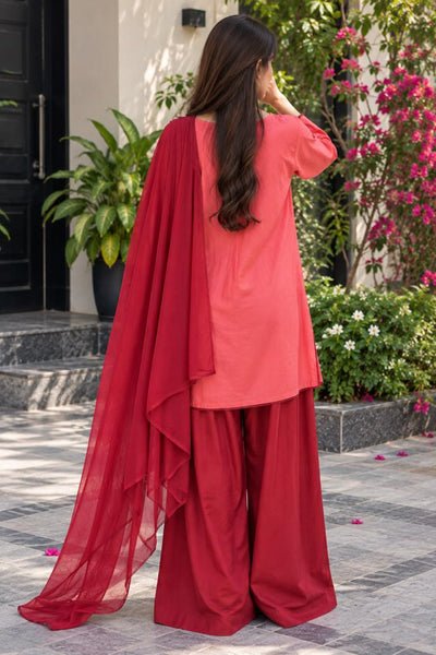 Libas Ethnic | Rose Royale – Coral Pink & Deep Red Cotton 3-Piece Farshi Suit