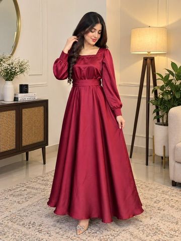 Libas Ethnic | Burgundy Belle – Elegant Wine Satin Maxi Dress with Waist Belt