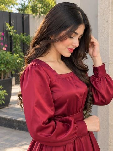 Libas Ethnic | Burgundy Belle – Elegant Wine Satin Maxi Dress with Waist Belt
