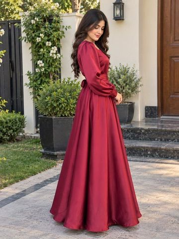 Libas Ethnic | Burgundy Belle – Elegant Wine Satin Maxi Dress with Waist Belt