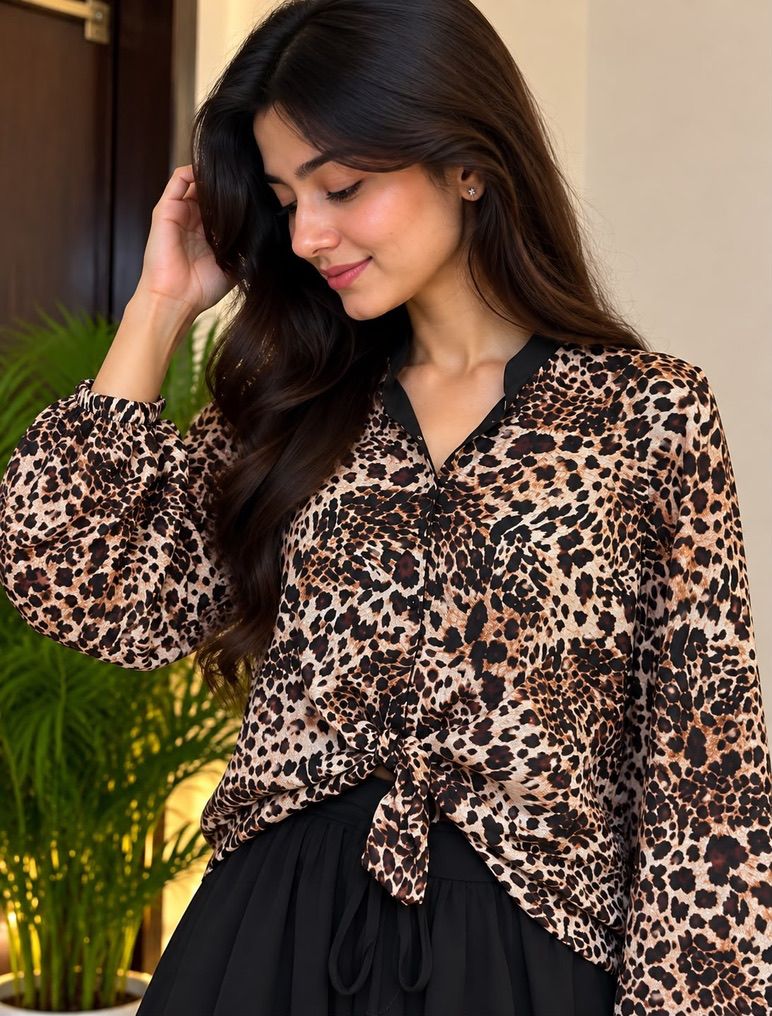 Libas Ethnic | Wild Noir – Leopard Chiffon Shirt & Black Georgette Maxi Skirt Set