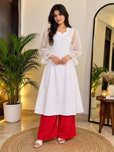 Libas Ethnic | Scarlet Bloom – Elegant Cotton Kurti with Net Sleeves & Red Wide-Leg Pants