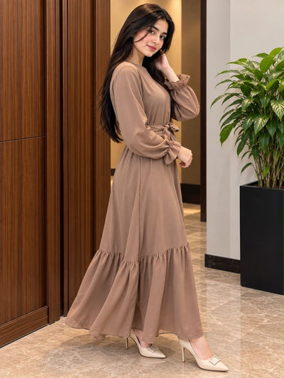 Libas Ethnic | Mocha Grace – Elegant Premium Georgette Maxi Dress with Bow Waist Belt