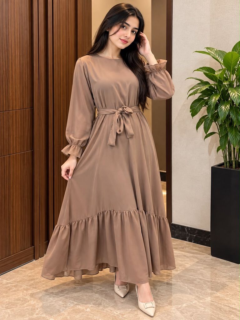 Libas Ethnic | Mocha Grace – Elegant Premium Georgette Maxi Dress with Bow Waist Belt