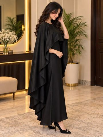 Libas Ethnic | Noir Cape – Black Silk Cape Dress