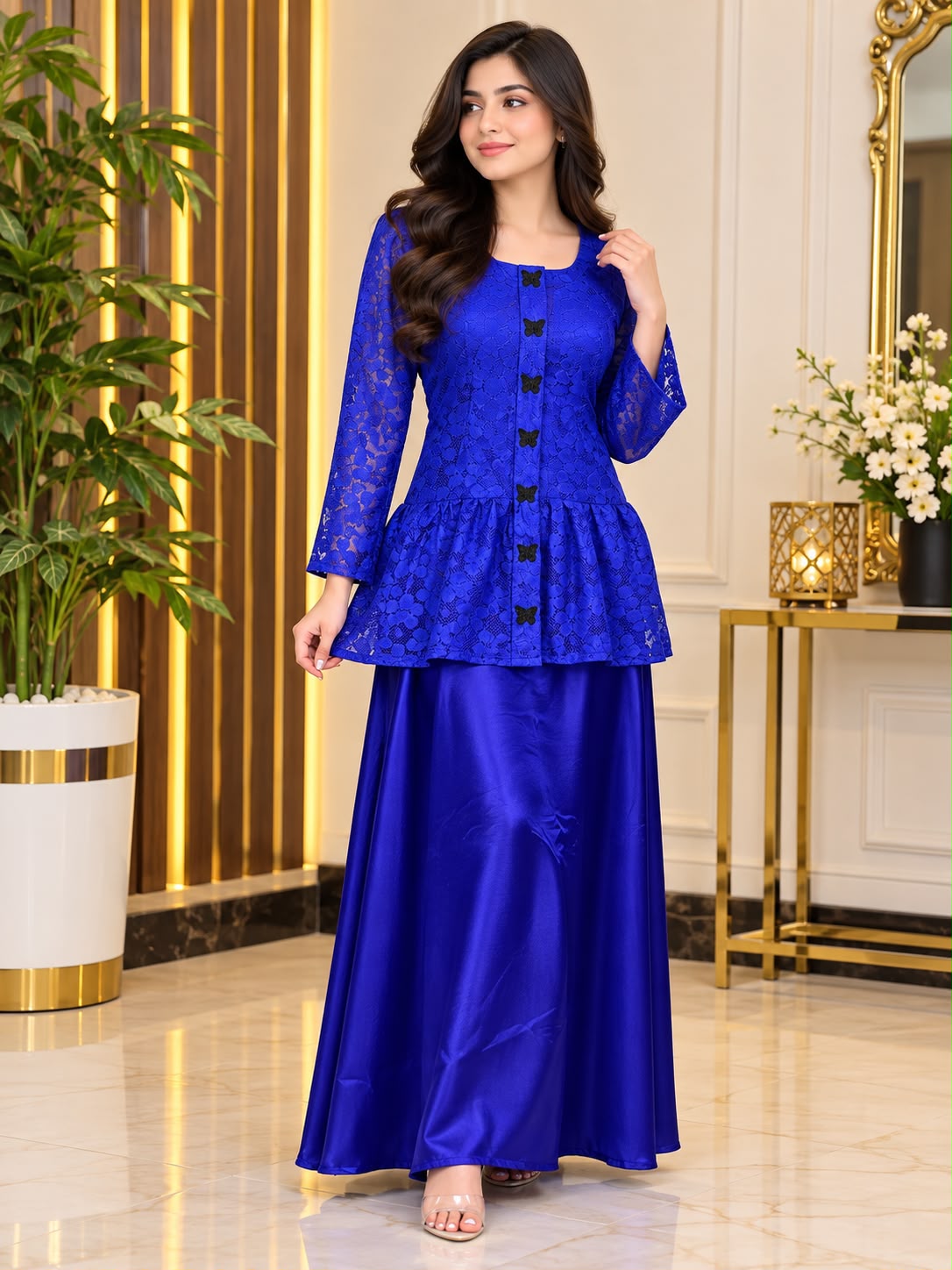 Libas Ethnic | Royal Grace – Royal Blue Silk Frock with Embroidered Net Coat