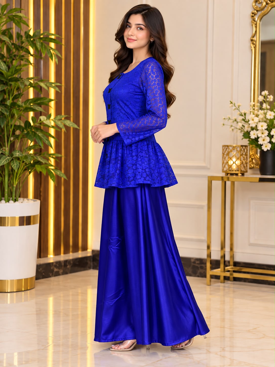 Libas Ethnic | Royal Grace – Royal Blue Silk Frock with Embroidered Net Coat