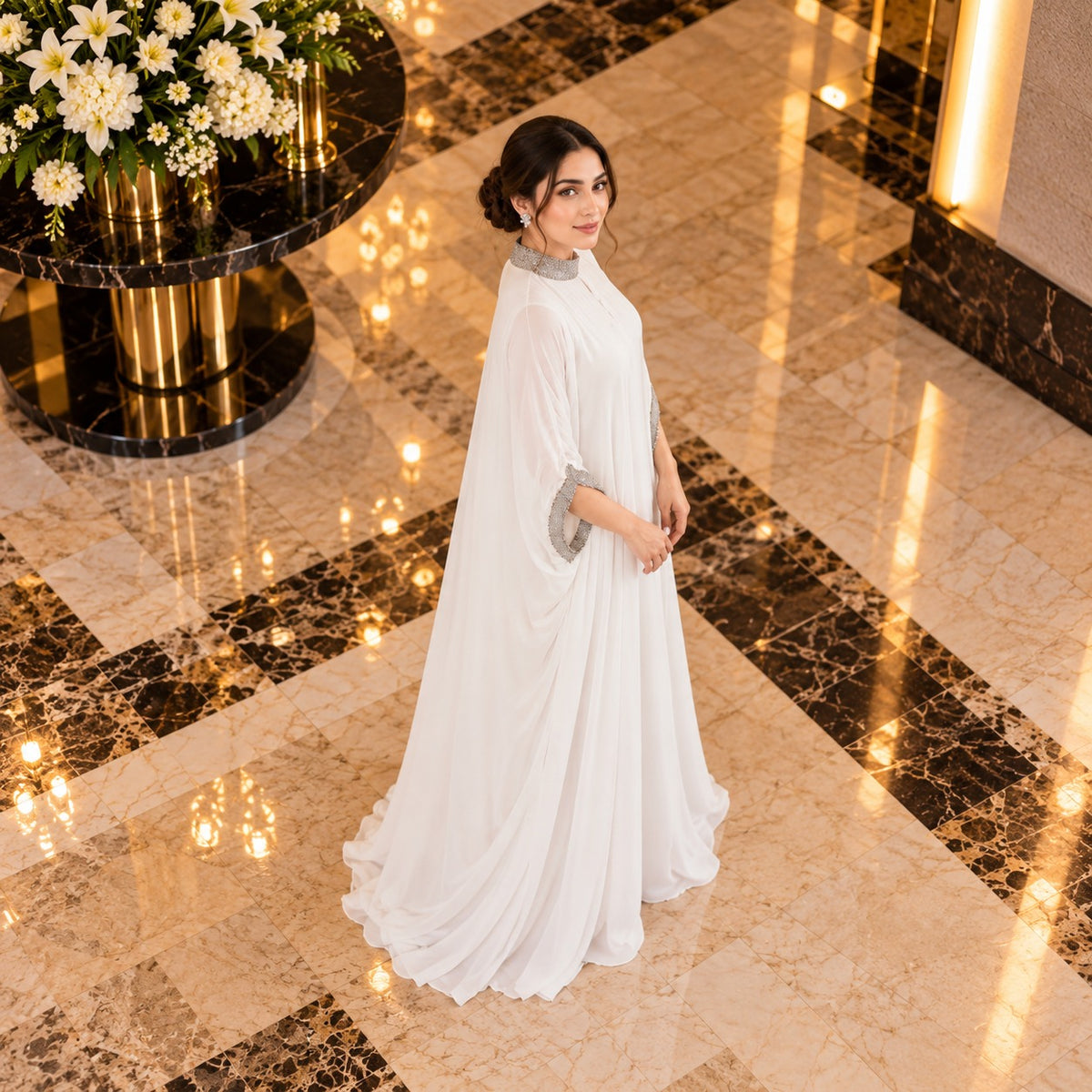 Libas   Ethnic | Elegant White Chiffon Kaftan with Silver Crystal Work