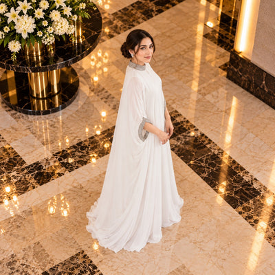 Libas   Ethnic | Elegant White Chiffon Kaftan with Silver Crystal Work