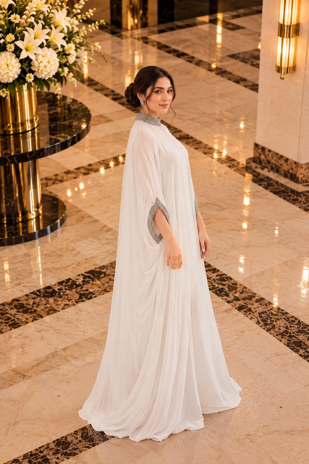 Libas   Ethnic | Elegant White Chiffon Kaftan with Silver Crystal Work